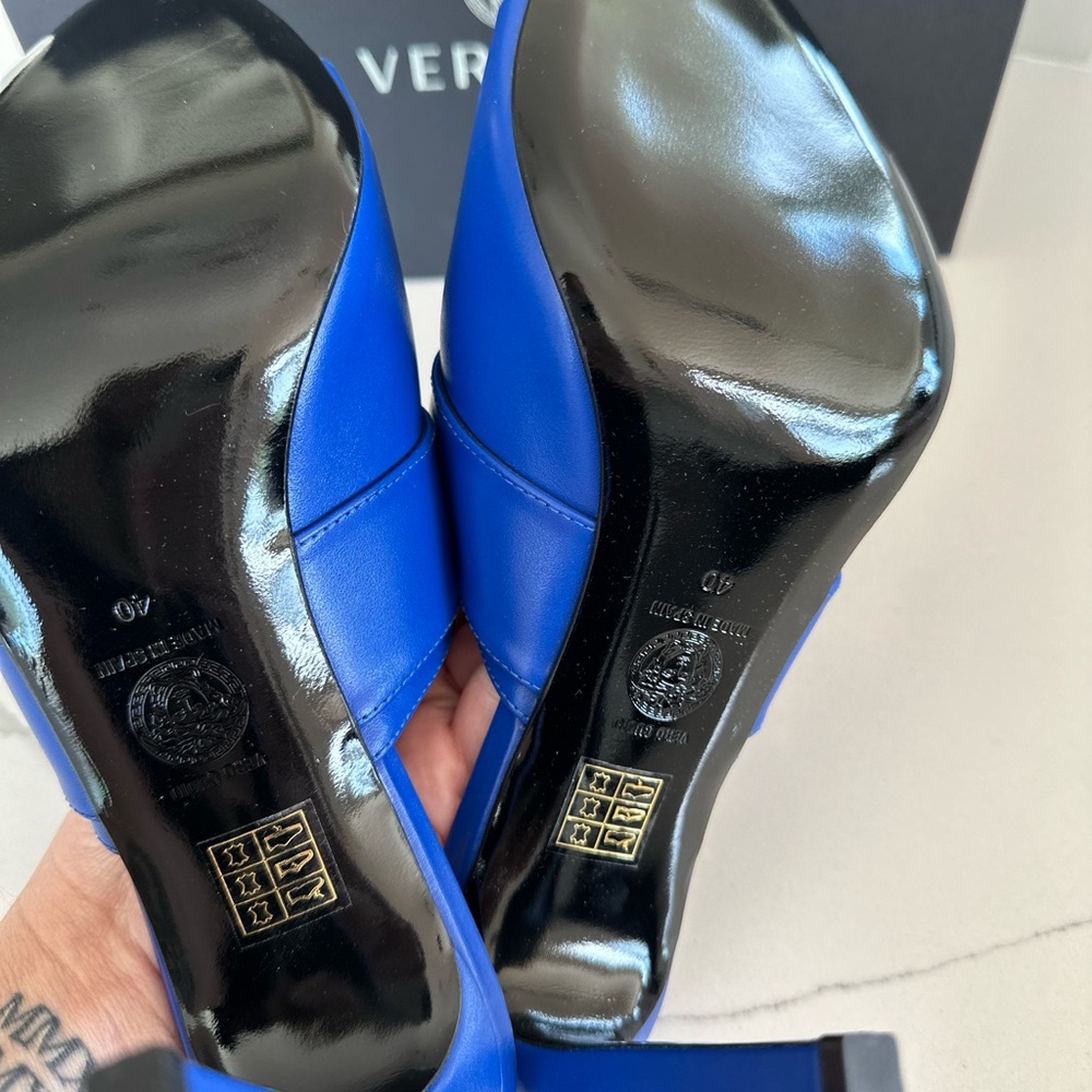 Versace Logo Mules Sandals Heels Blue - Picture 5 of 6